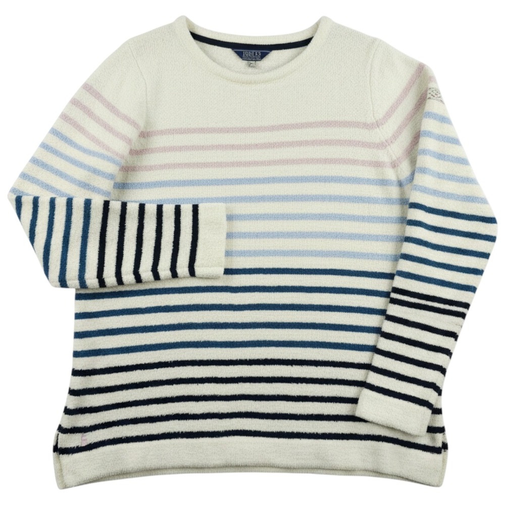 Joules Sweater Womens 12 White Pink Blue Striped Seaham Chenille Fleece Jumper
